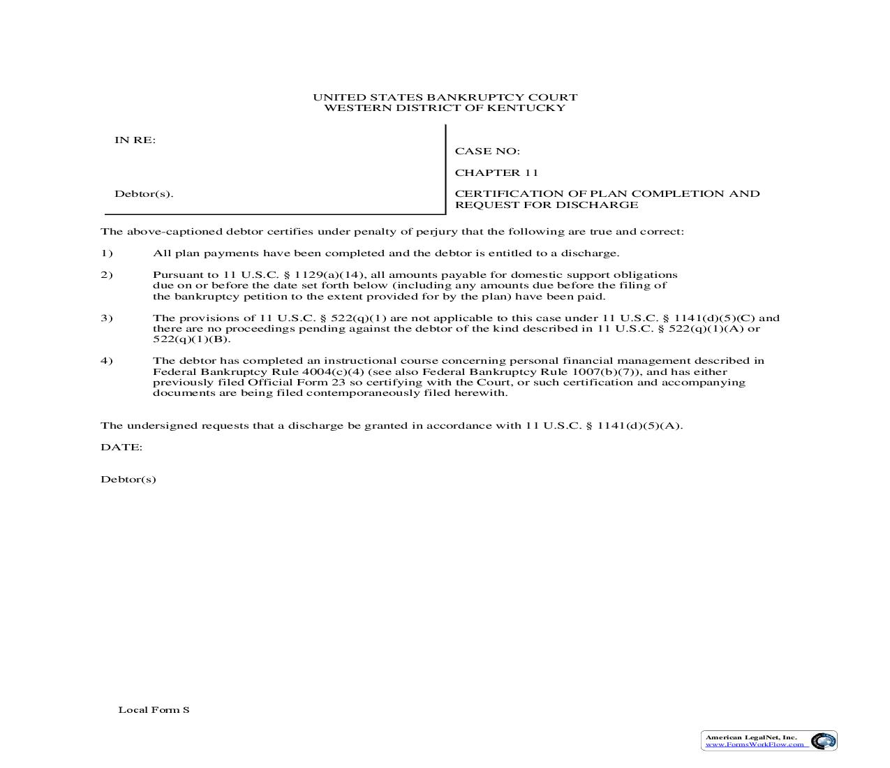 Certification Of Plan Completion And Request For Discharge (Chapter 11) {S} | Pdf Fpdf Doc Docx | Kentucky