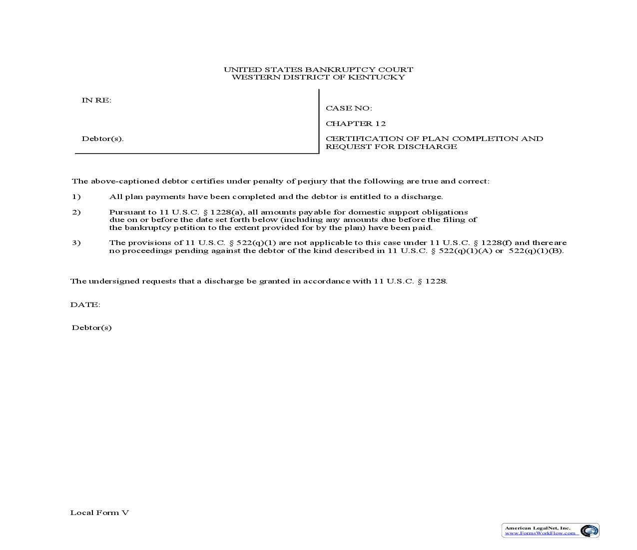Certification Of Plan Completion And Request For Discharge (Chapter 12) {V} | Pdf Fpdf Doc Docx | Kentucky