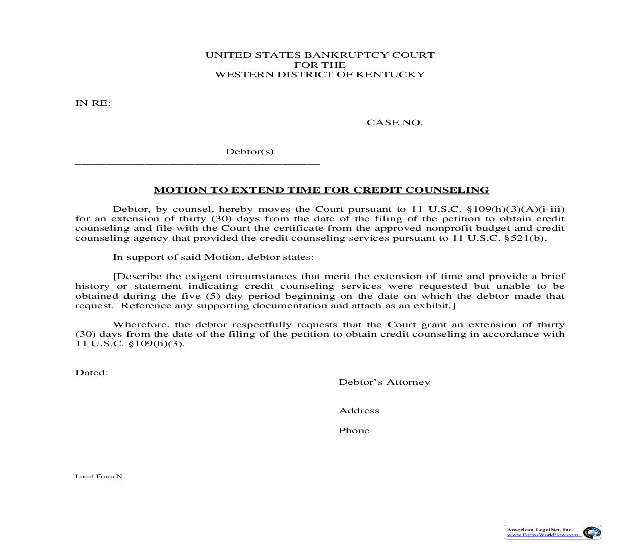 Motion To Extend Time For Credit Counseling {N} | Pdf Fpdf Doc Docx | Kentucky