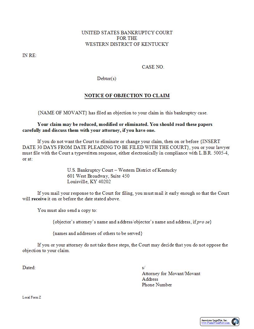 Notice Of Objection To Claim {Z} | Pdf Fpdf Docx | Kentucky