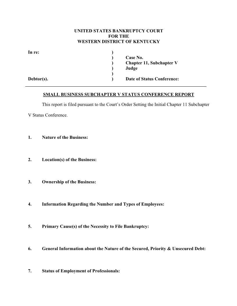 Small Business Subchapter V Status Conference Report {X} | Pdf Fpdf Docx | Kentucky