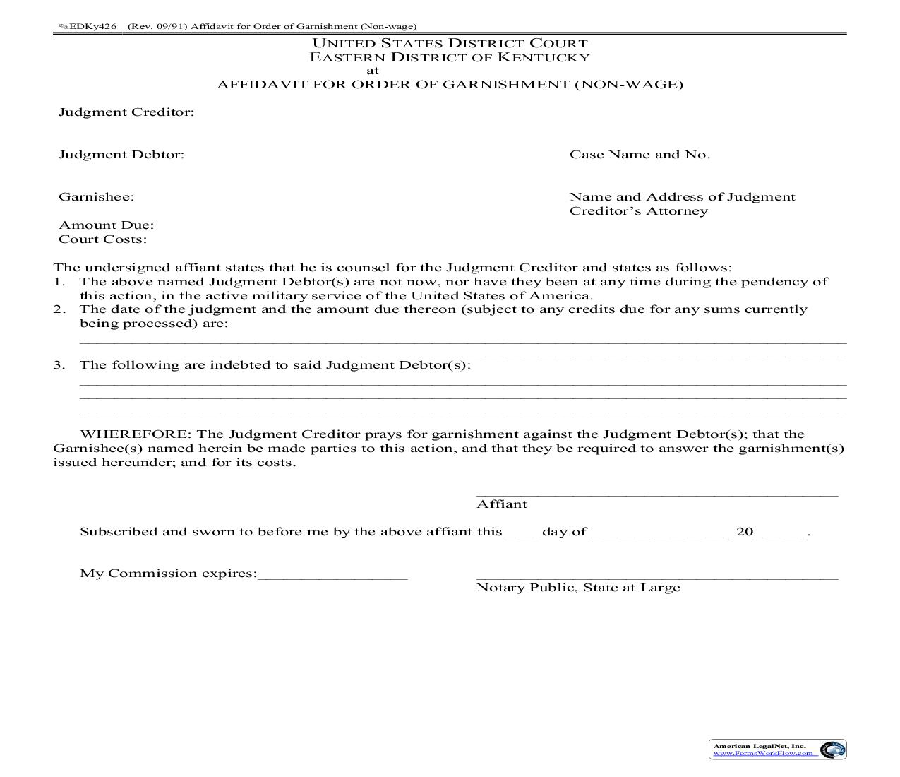 Affidavit For Order Of Garnishment (Non-Wage) {EDKY-426} | Pdf Fpdf Doc Docx | Kentucky