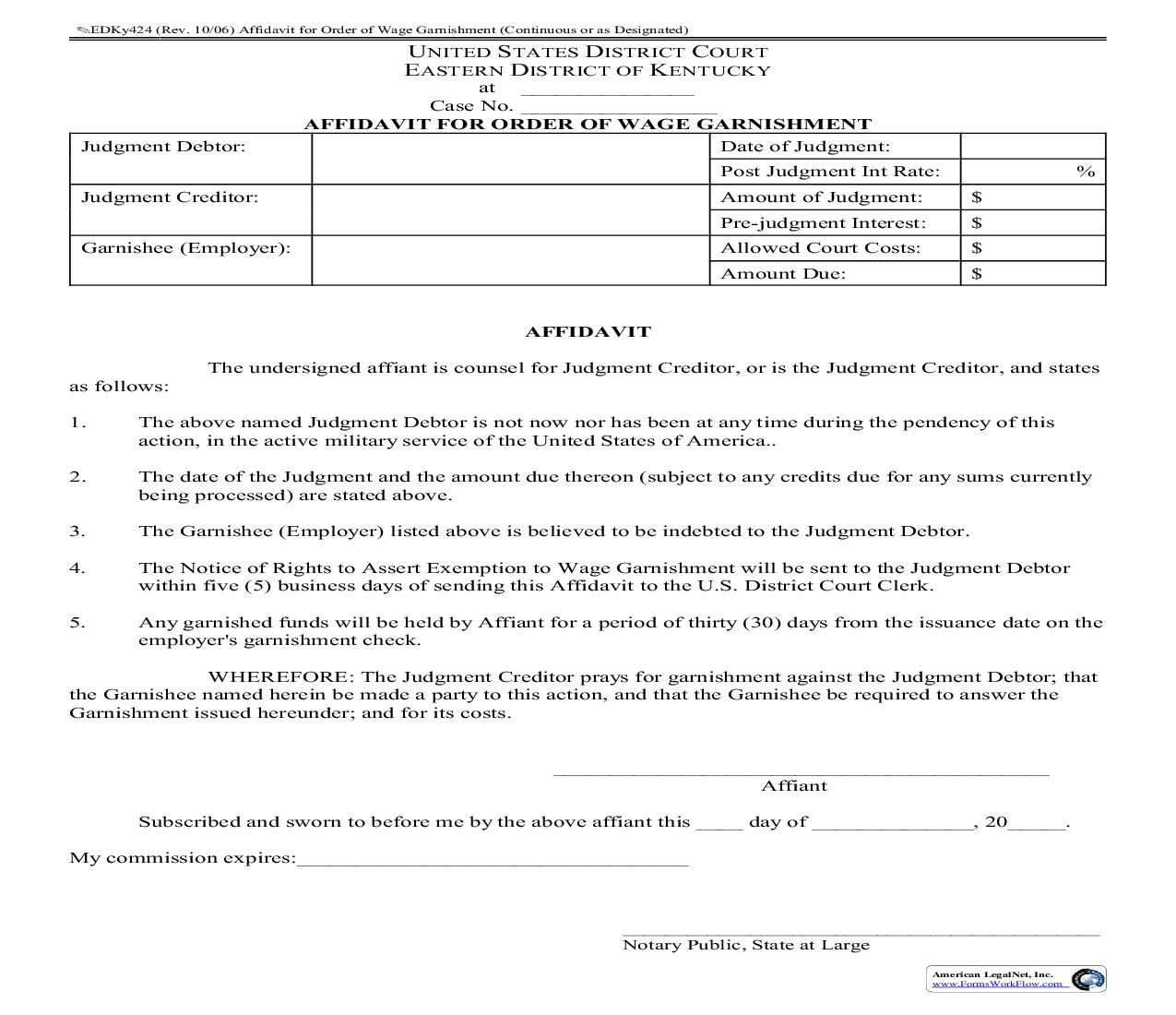 Affidavit For Order Of Wage Garnishment {EDKY-424} | Pdf Fpdf Doc Docx | Kentucky