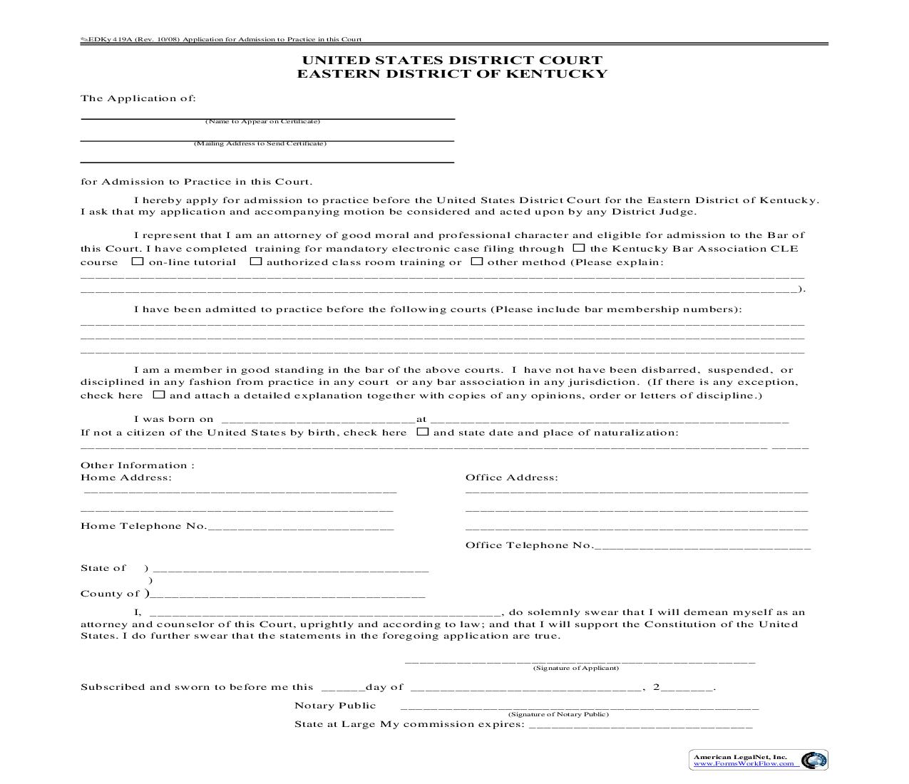Attorney Admission Form {419A-EDKY} | Pdf Fpdf Doc Docx | Kentucky