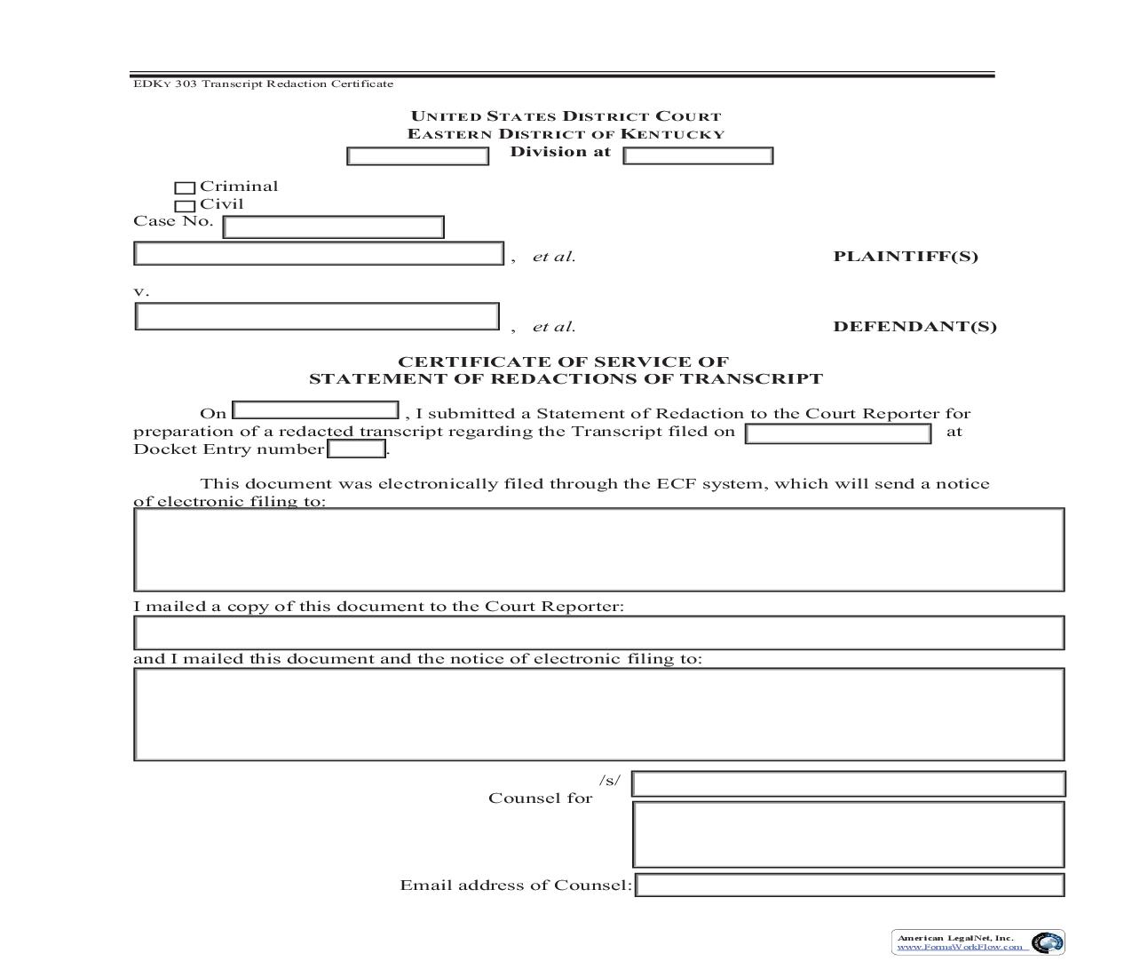 Certificate Of Service Of Statement Of Redactions Of Transcript {EDKY-303} | Pdf Fpdf Doc Docx | Kentucky