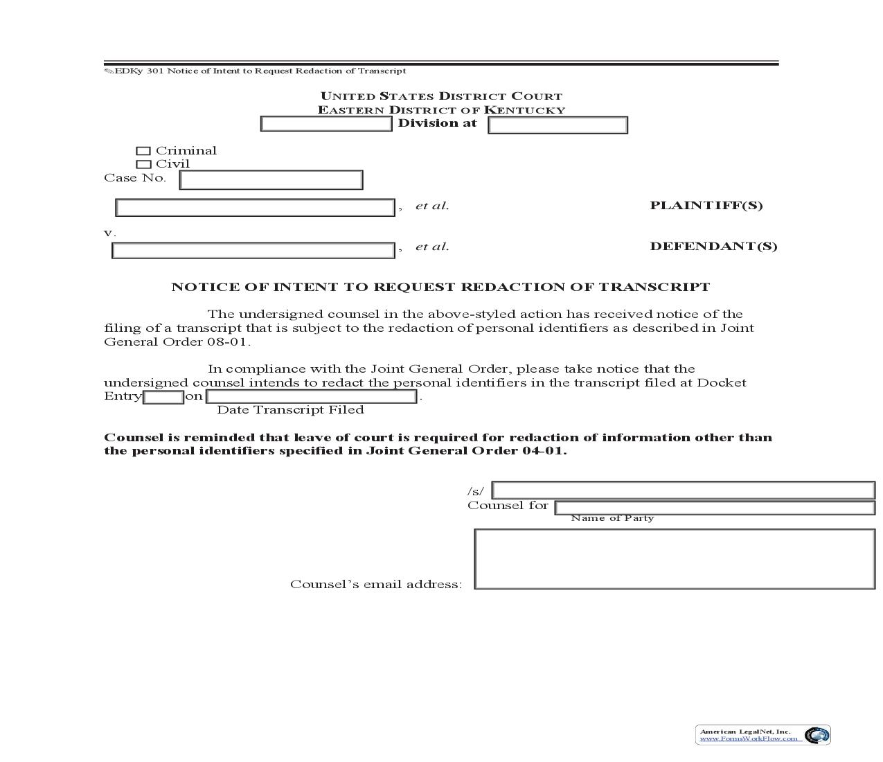 Notice Of Intent To Request Redaction Of Transcript {EDKY-301} | Pdf Fpdf Doc Docx | Kentucky