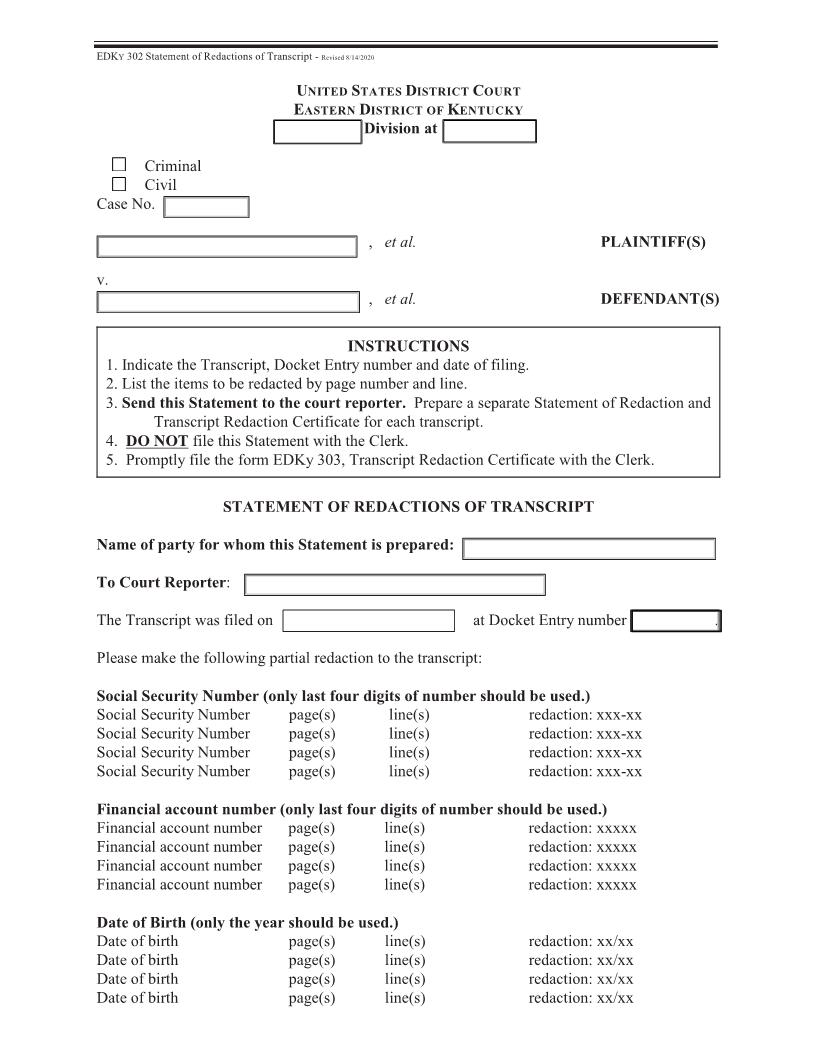 Statement Of Redactions Of Transcript {EDKY-302} | Pdf Fpdf Doc Docx | Kentucky