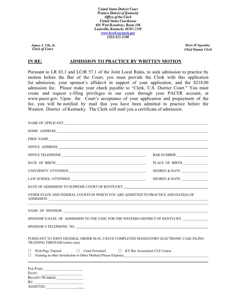 Admission To Practice By Written Motion | Pdf Fpdf Doc Docx | Kentucky