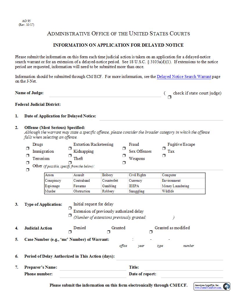 Information On Application For Delayed Notice {AO 095} | Pdf Fpdf Docx | Kentucky