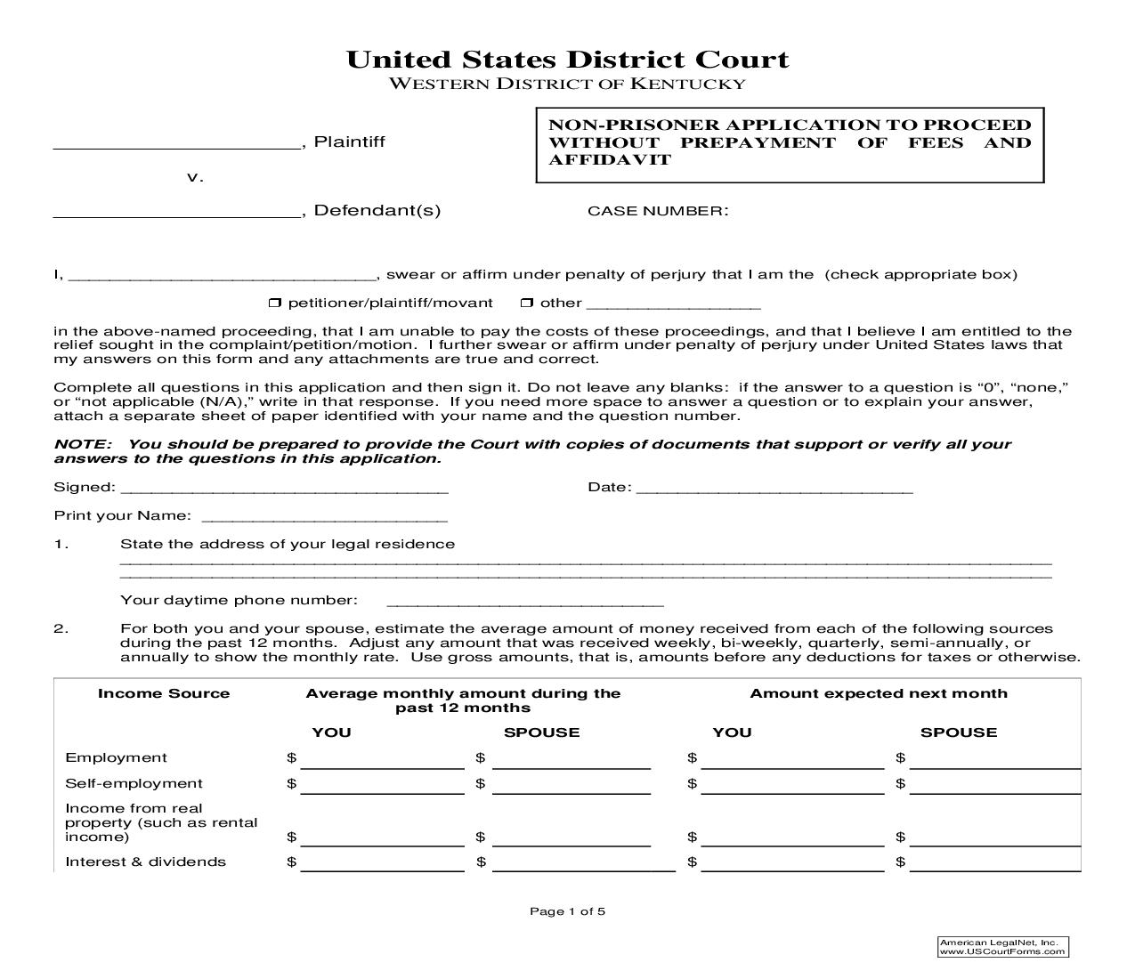 Non Prisoner Application To Proceed Without Prepayment Of Fees And Affidavit | Pdf Fpdf Doc Docx | Kentucky