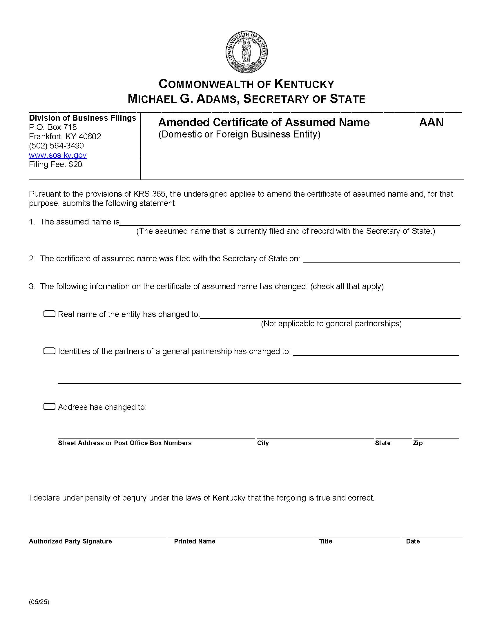 Amended Certificate Of Assumed Name {AAN} | Pdf Fpdf Doc Docx | Kentucky
