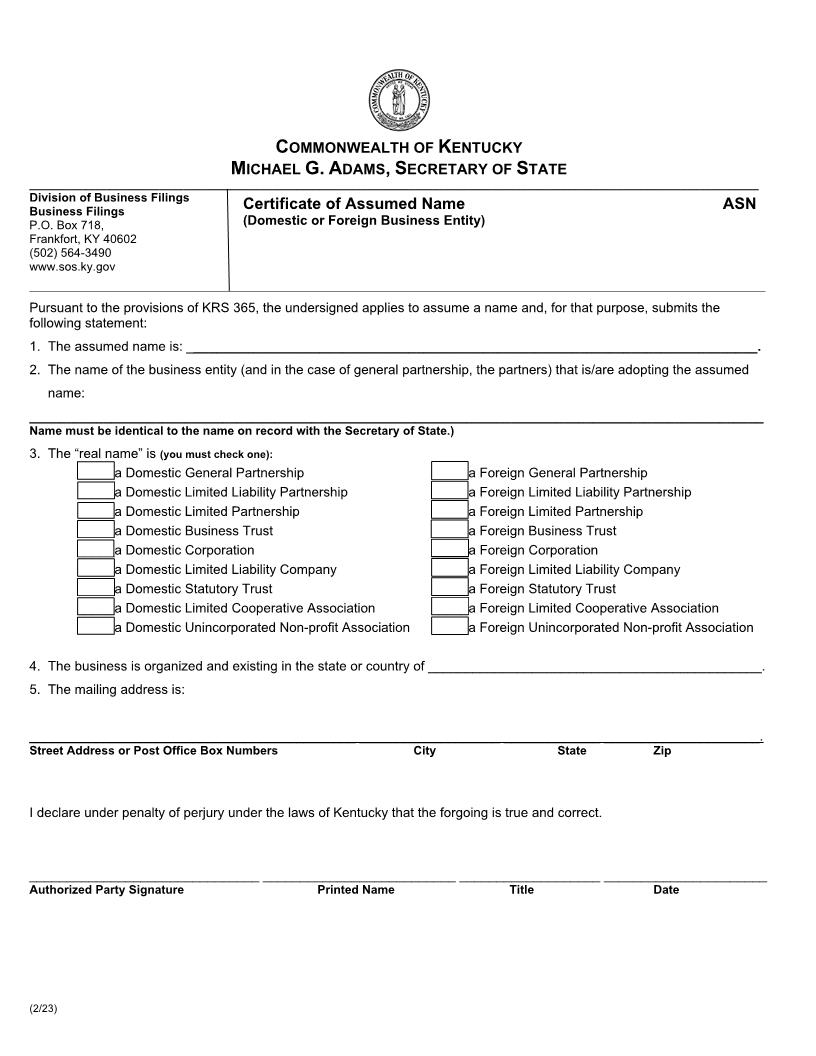 Certificate Of Assumed Name {ASN} | Pdf Fpdf Docx | Kentucky
