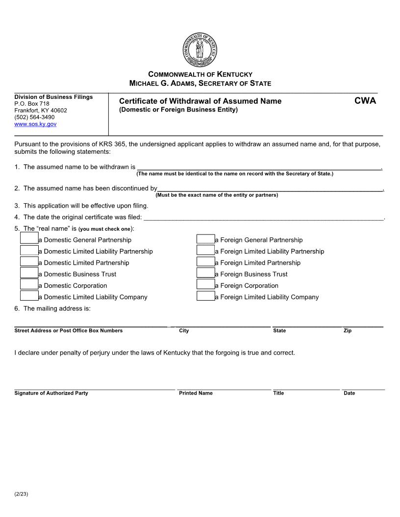 Certificate Of Withdrawal Of Assumed Name {CWA} | Pdf Fpdf Doc Docx | Kentucky