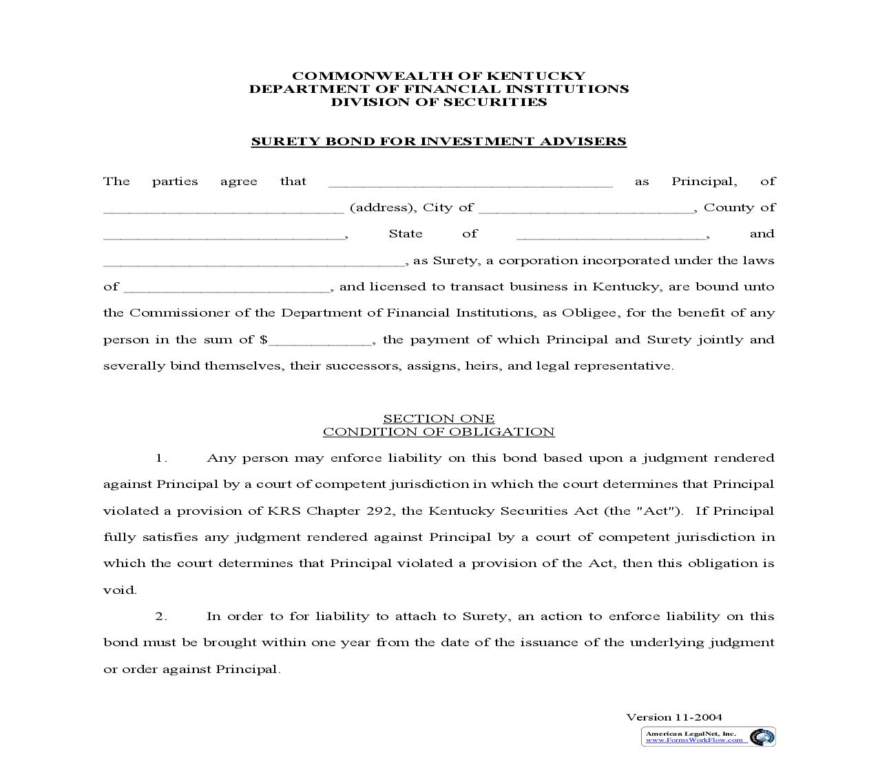 Surety Bond For Investment Advisers {IA-SB} | Pdf Fpdf Doc Docx | Kentucky