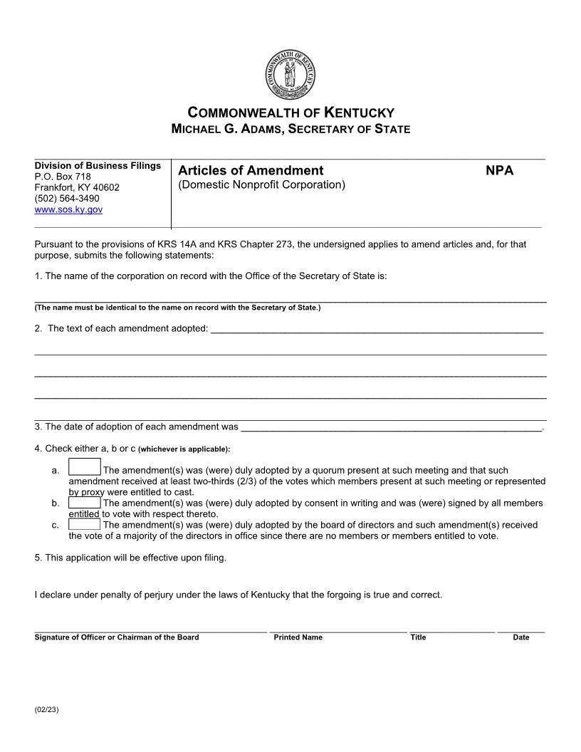 Articles Of Amendment Domestic Nonprofit Corporation {NPA} | Pdf Fpdf Doc Docx | Kentucky