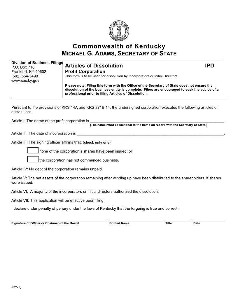 Articles Of Dissolution Dissolution By Incorporators Or Initial Directors {IPD} | Pdf Fpdf Doc Docx | Kentucky