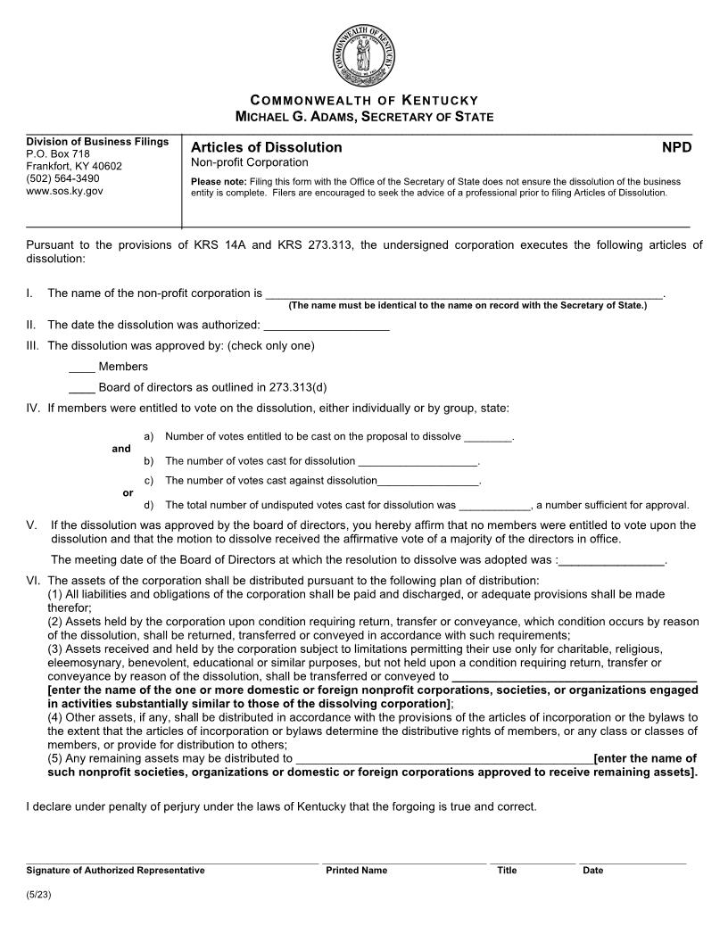 Articles Of Dissolution Nonprofit Corporation {NPD} | Pdf Fpdf Doc Docx | Kentucky