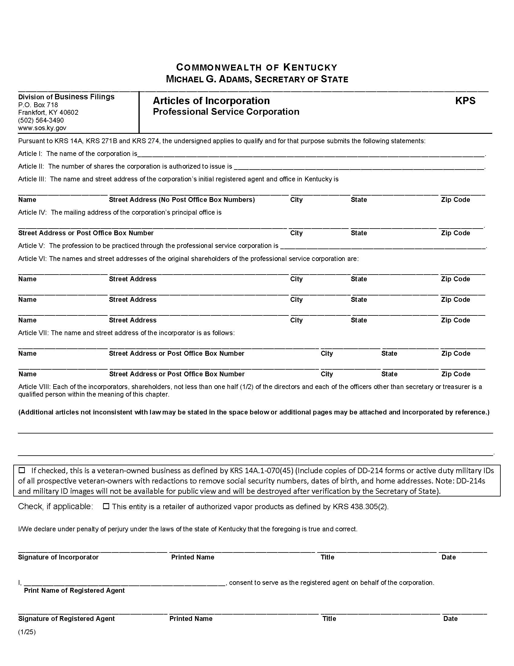Articles Of Incorporation Professional Service Corporation {KPS} | Pdf Fpdf Docx | Kentucky