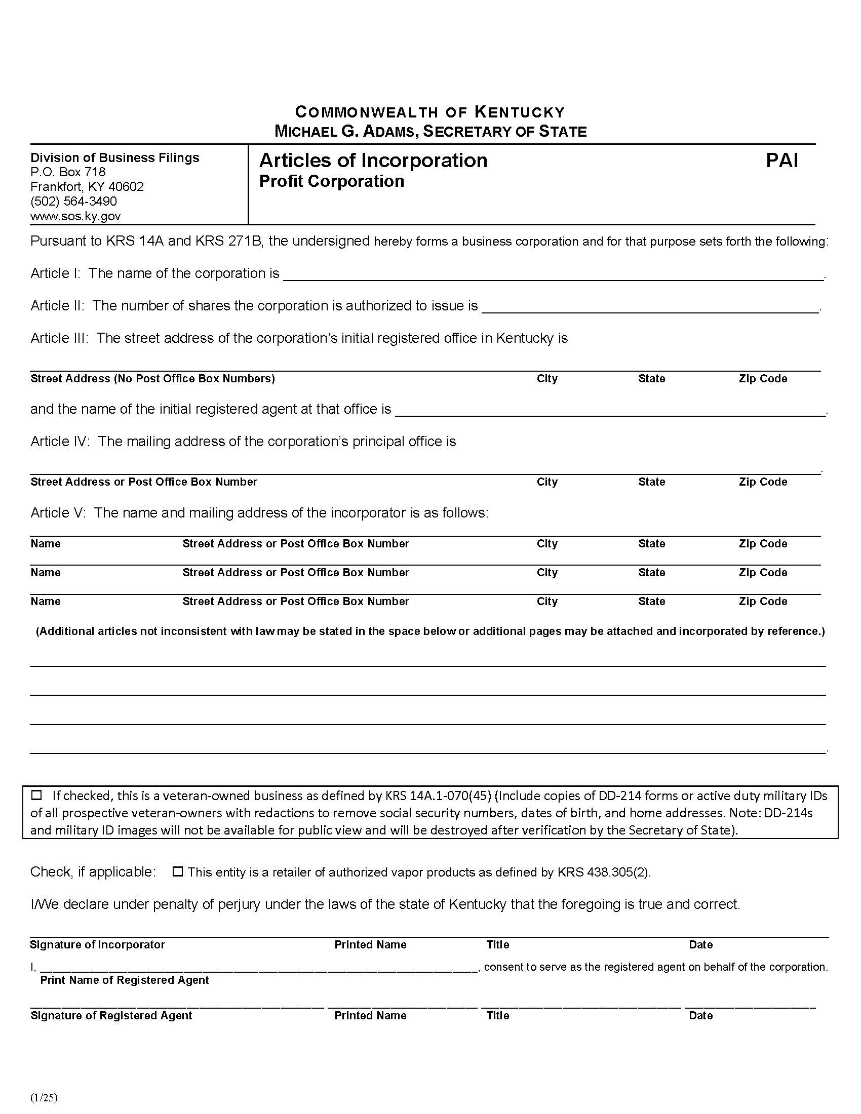 Articles Of Incorporation Profit Corporation {PAI} | Pdf Fpdf Doc Docx | Kentucky