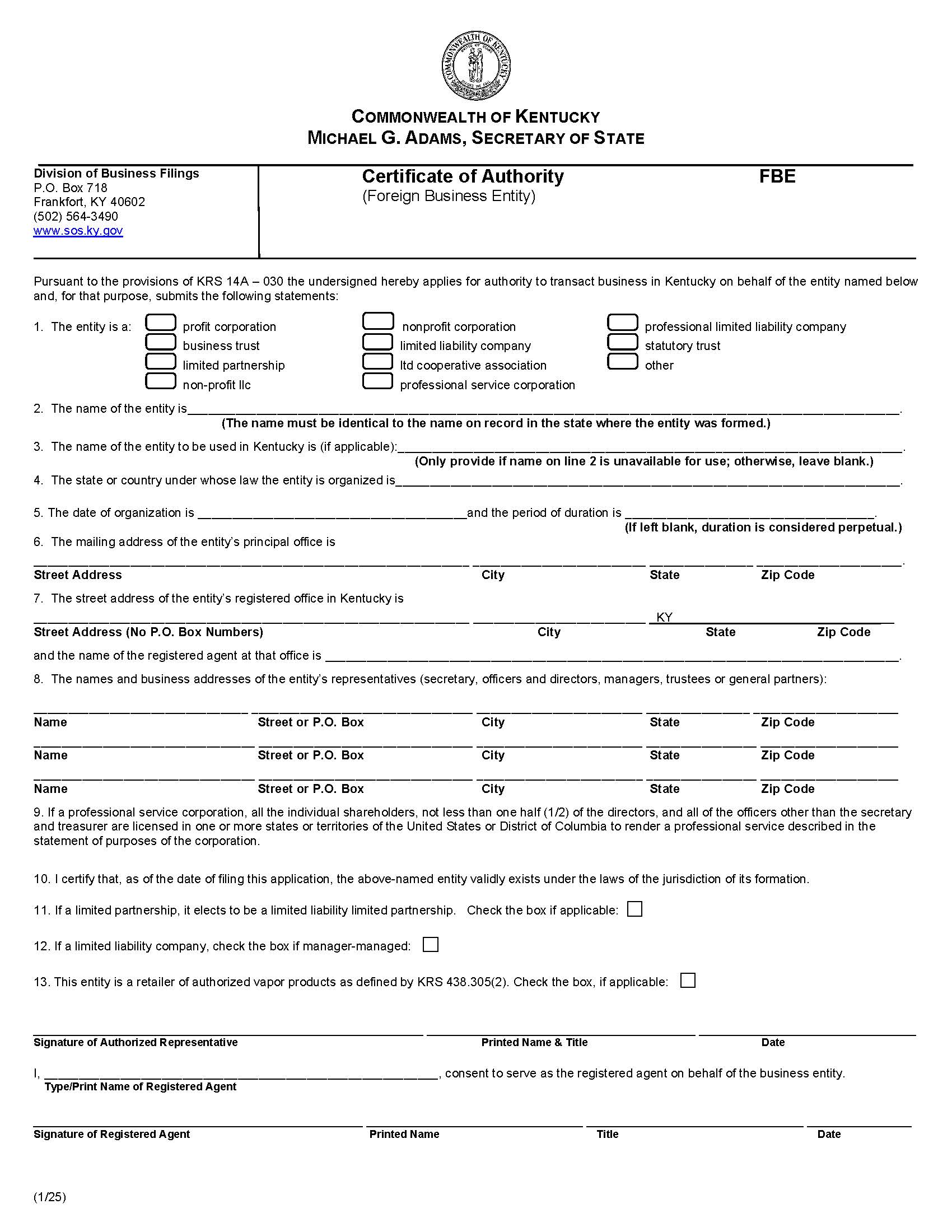 Certificate Of Authority Foreign Business Entity {FBE} | Pdf Fpdf Doc Docx | Kentucky