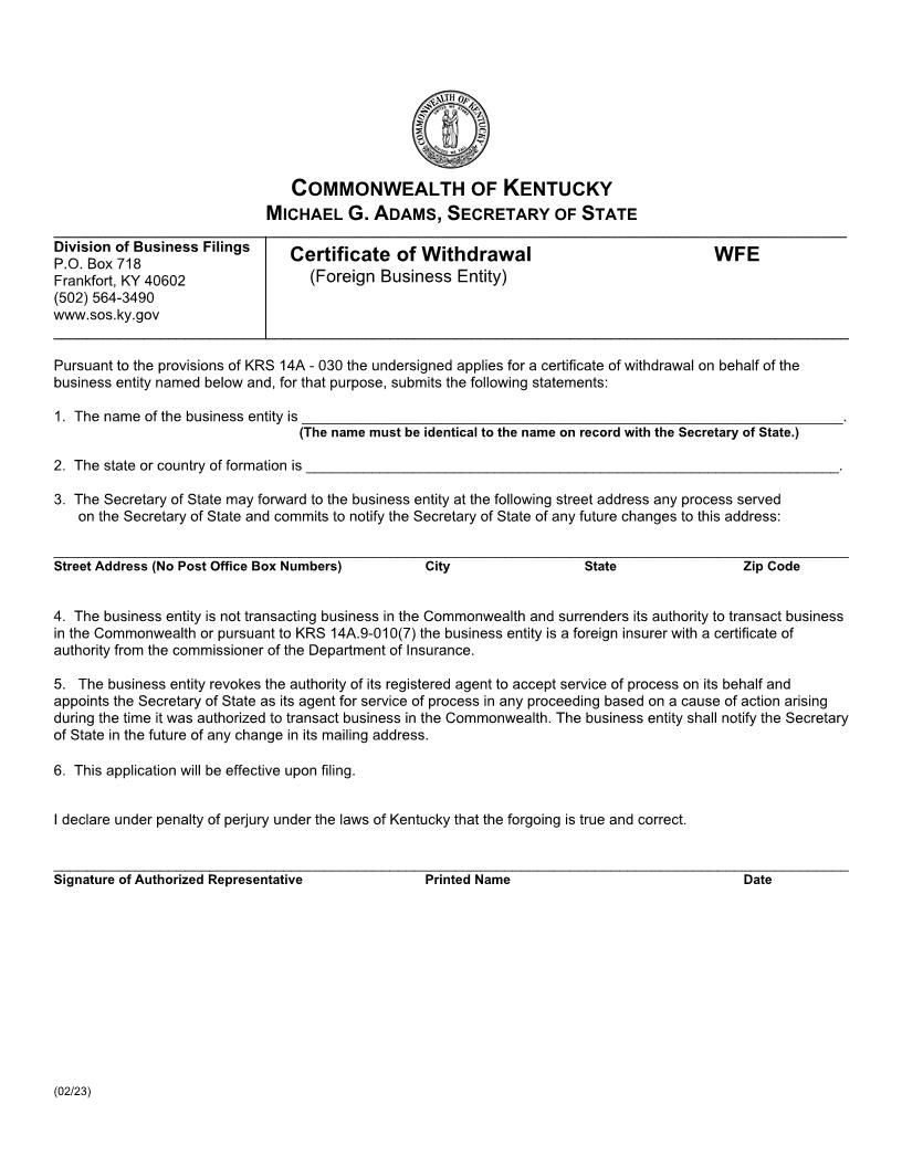 Certificate Of Withdrawal Foreign Business Entity {WFE} | Pdf Fpdf Docx | Kentucky
