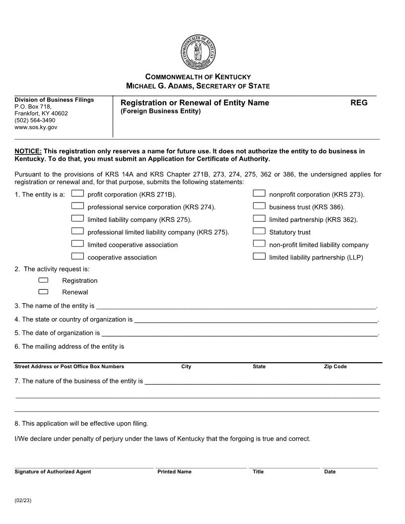 Registration Or Renewal Of Entity Name Foreign Business Entity {REG} | Pdf Fpdf Docx | Kentucky