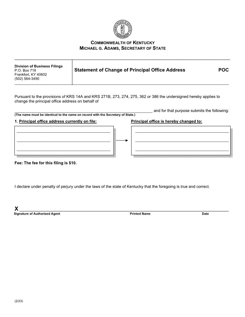 Statement Of Change Of Principal Office Address {POC} | Pdf Fpdf Doc Docx | Kentucky