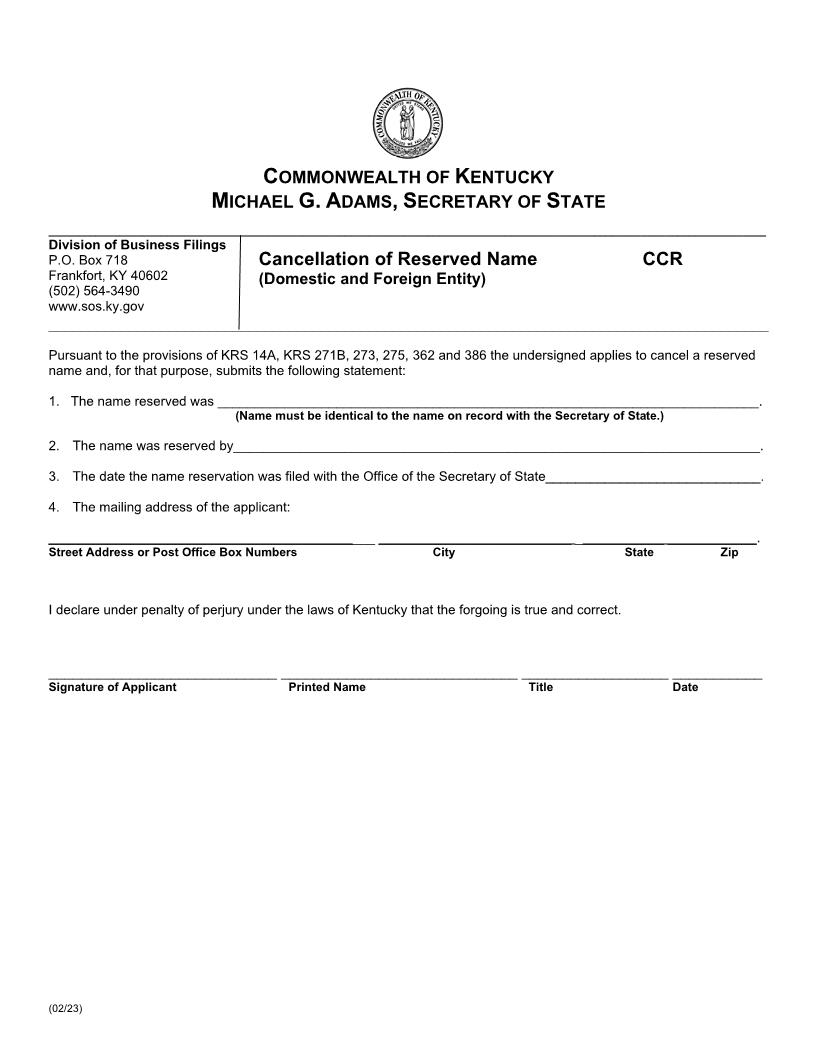 Cancellation Of Reserved Name {CCR} | Pdf Fpdf Doc Docx | Kentucky