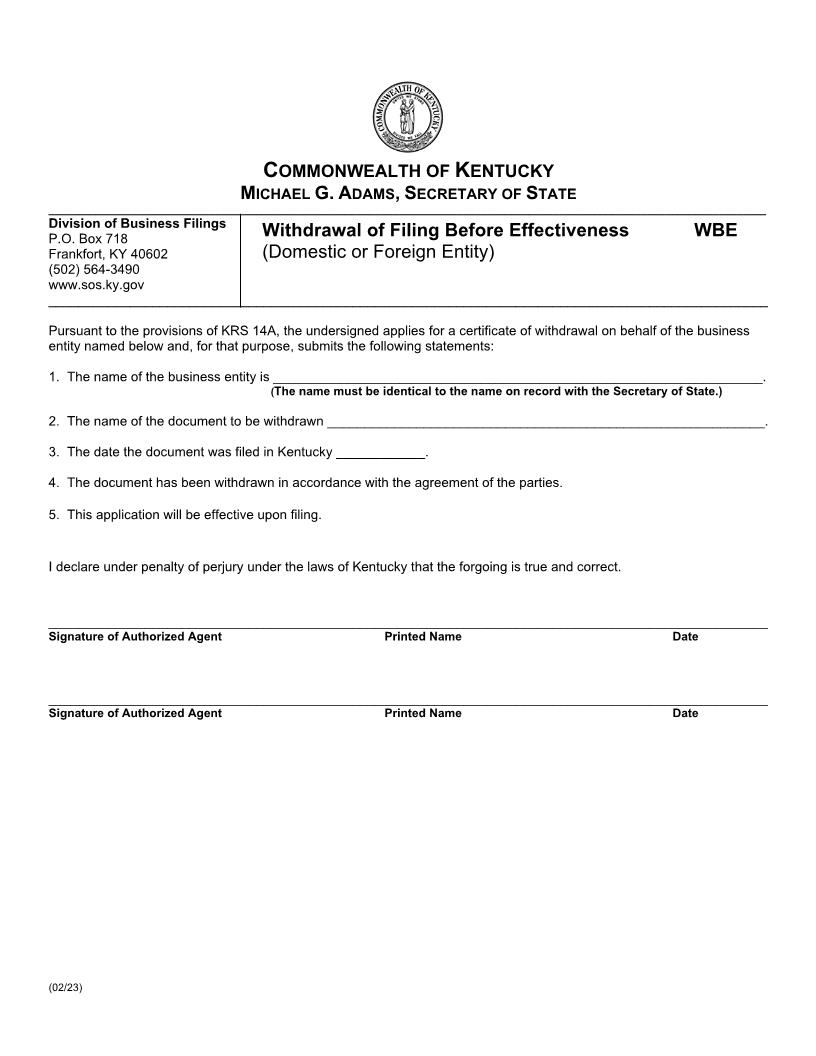 Withdrawal Of Filing Before Effectiveness Domestic Or Foreign Entity {WBE} | Pdf Fpdf Doc Docx | Kentucky
