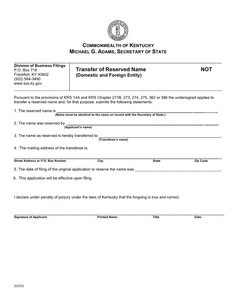 Notice Of Transfer Of Reserved Name {NOT} | Pdf Fpdf Doc Docx | Kentucky