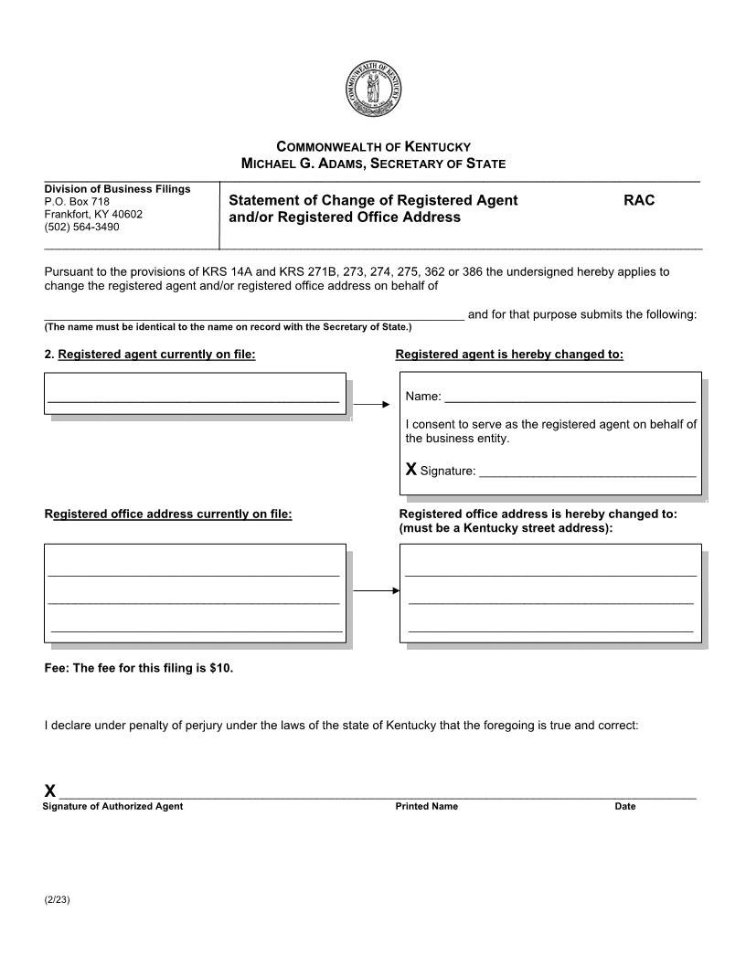Statement Of Change Of Registered Agent And Or Registered Office Address {RAC} | Pdf Fpdf Docx | Kentucky