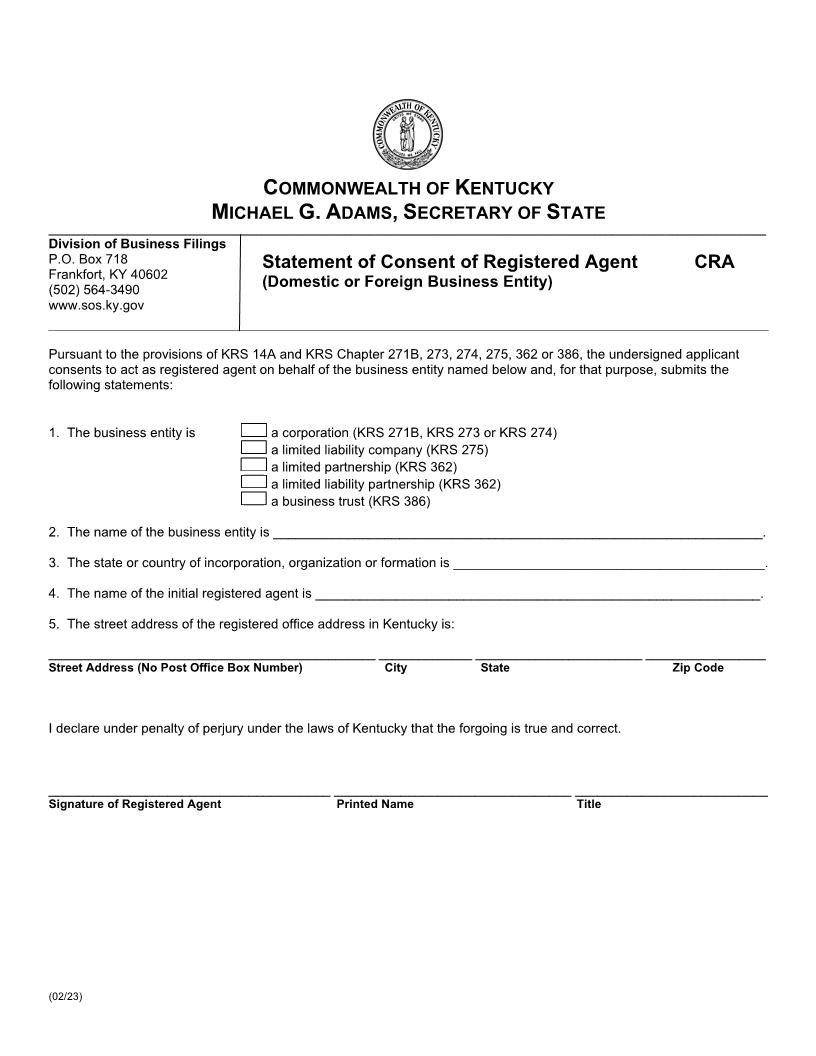 Statement Of Consent Of Registered Agent {CRA} | Pdf Fpdf Doc Docx | Kentucky