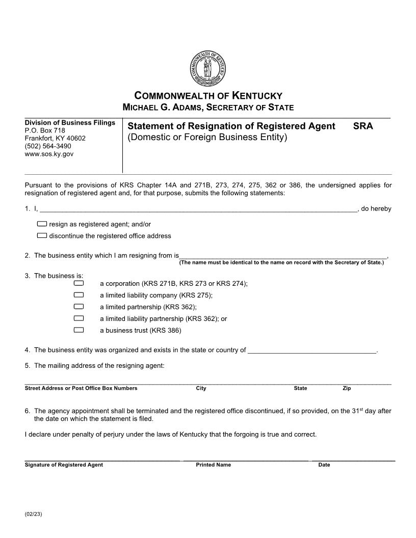 Statement Of Resignation Of Registered Agent {SRA} | Pdf Fpdf Doc Docx | Kentucky