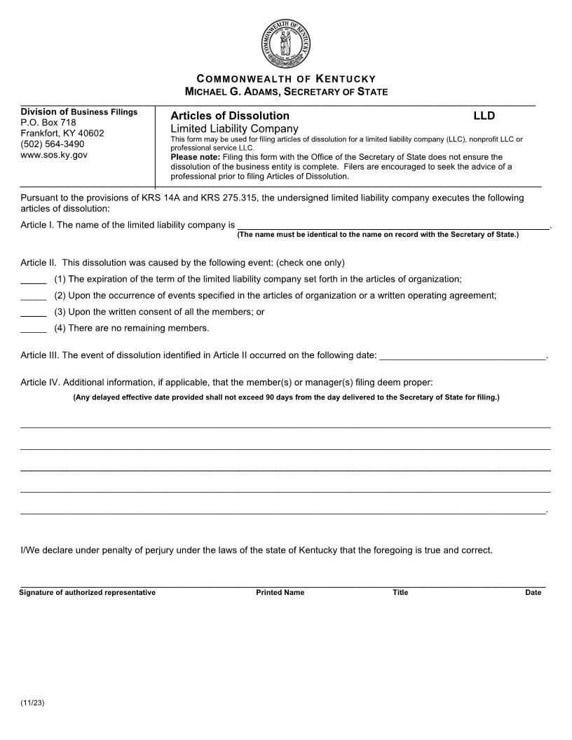 Articles Of Dissolution Limited Liability Company {LLD} | Pdf Fpdf Doc Docx | Kentucky