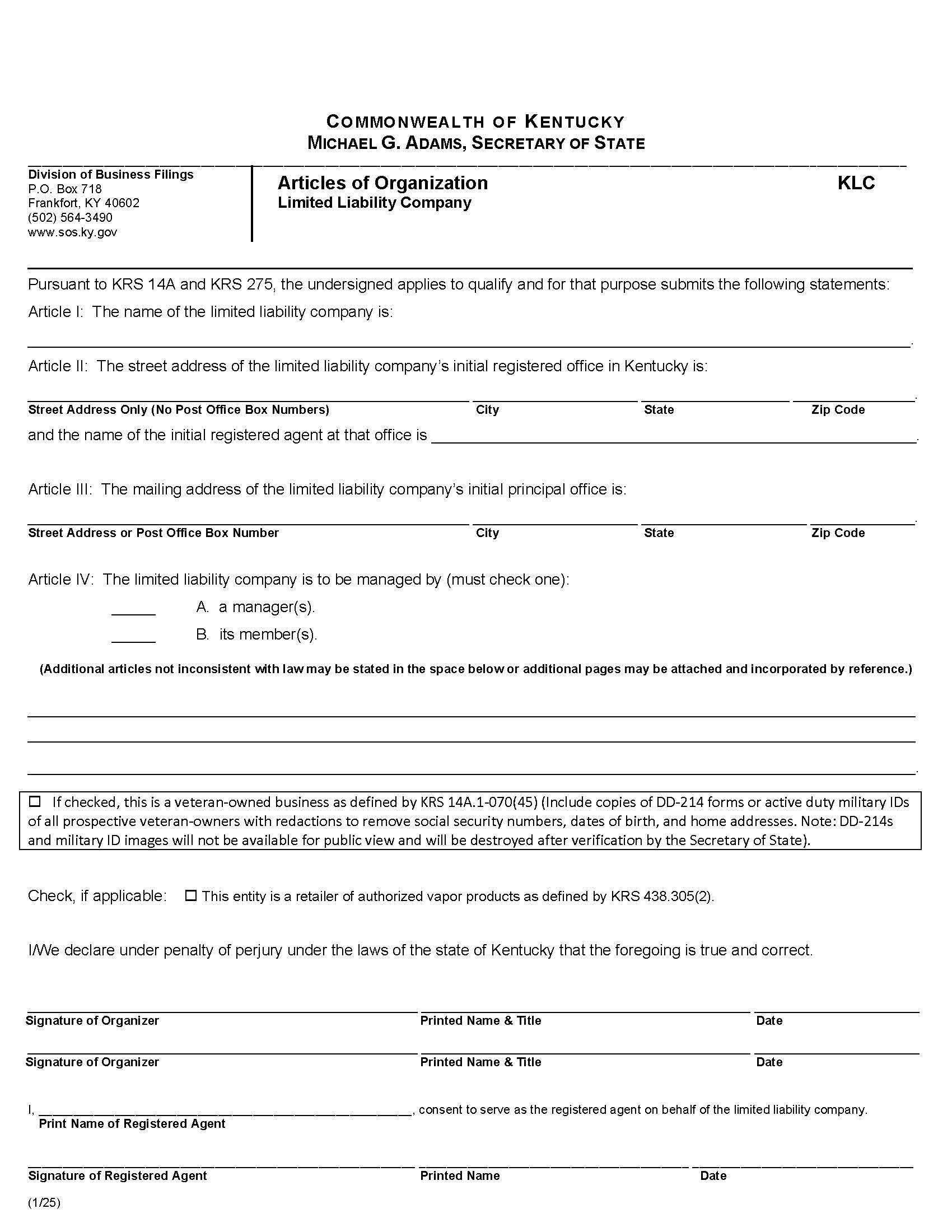 Articles Of Organization {KLC} | Pdf Fpdf Doc Docx | Kentucky