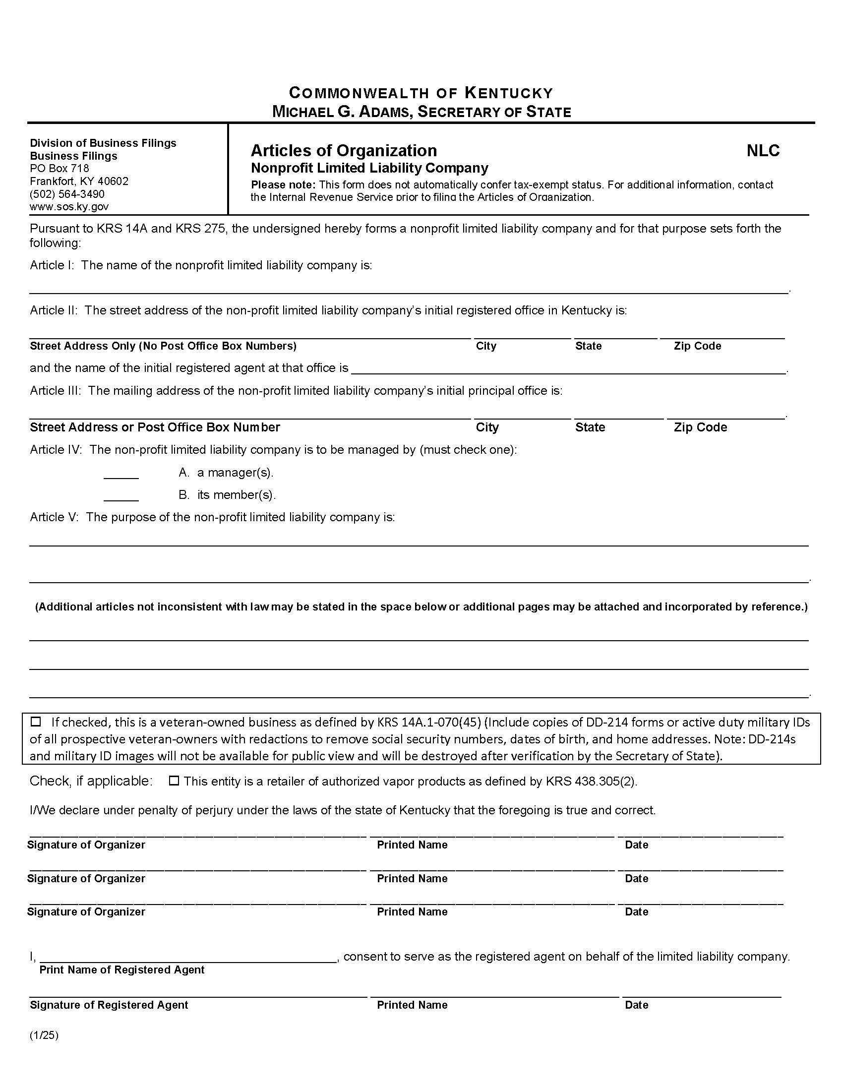 Articles Of Organization Nonprofit LLC {NLC} | Pdf Fpdf Doc Docx | Kentucky