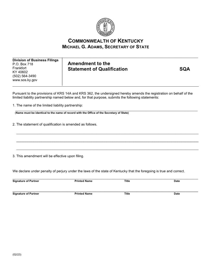 Amendment To The Statement Of Qualification {SQA} | Pdf Fpdf Doc Docx | Kentucky