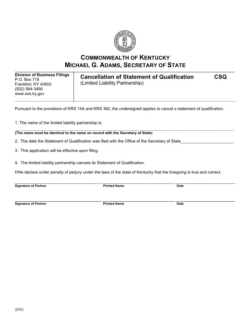 Cancellation Of Statement Of Qualification (Limited Liability Partnership) {CSQ} | Pdf Fpdf Doc Docx | Kentucky