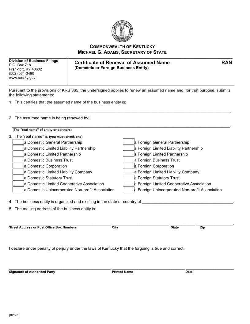 Renewal Of Assumed Name {RAN} | Pdf Fpdf Docx | Kentucky