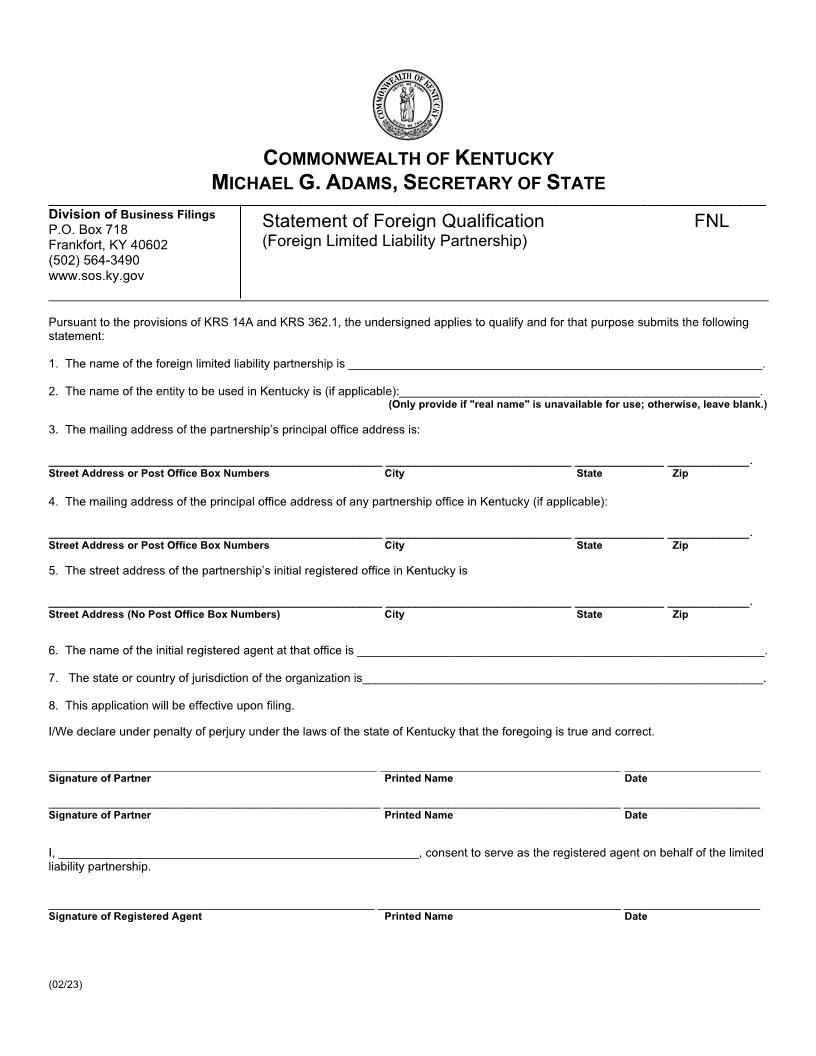 Statement Of Foreign Qualification {FNL} | Pdf Fpdf Doc Docx | Kentucky