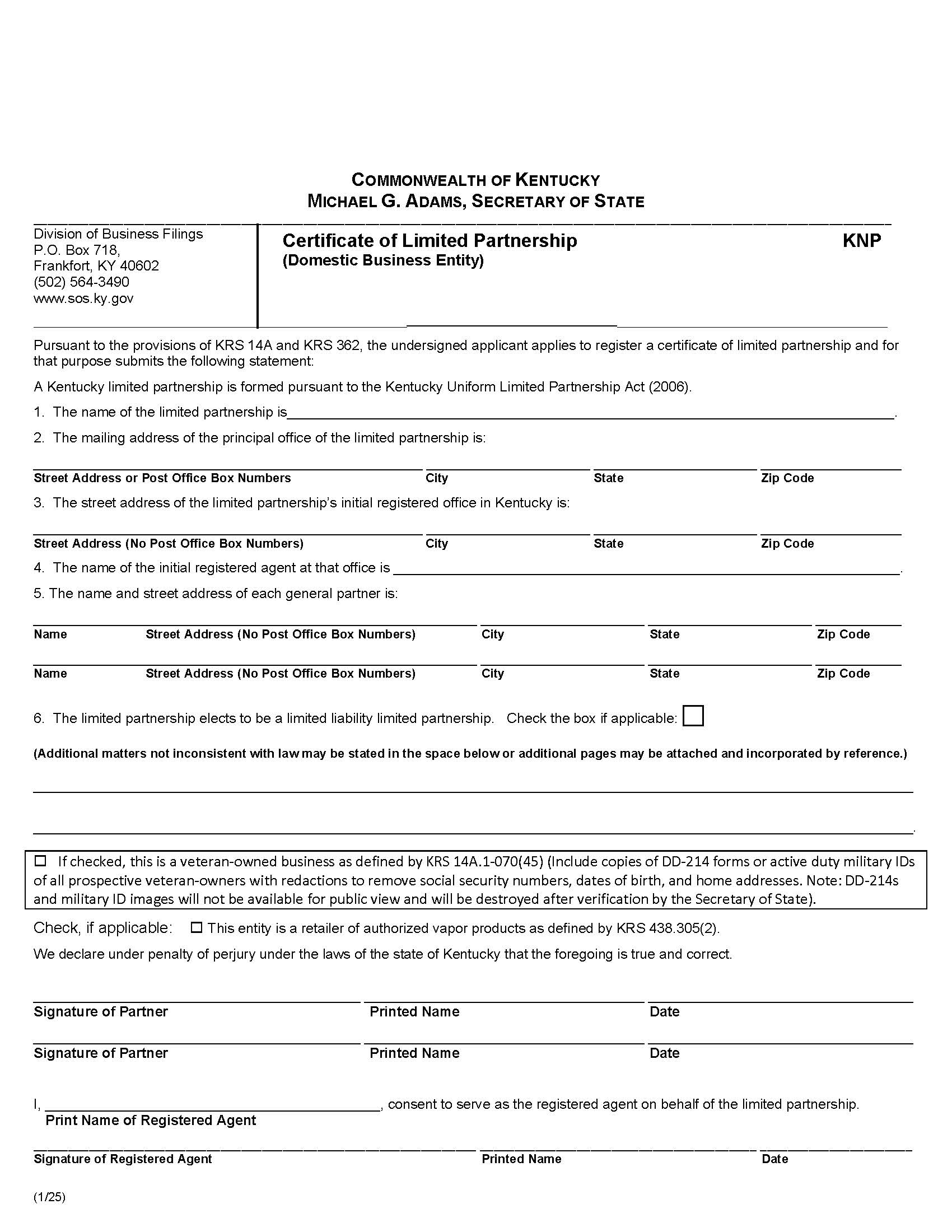 Certificate Of Limited Partnership {KNP} | Pdf Fpdf Docx | Kentucky