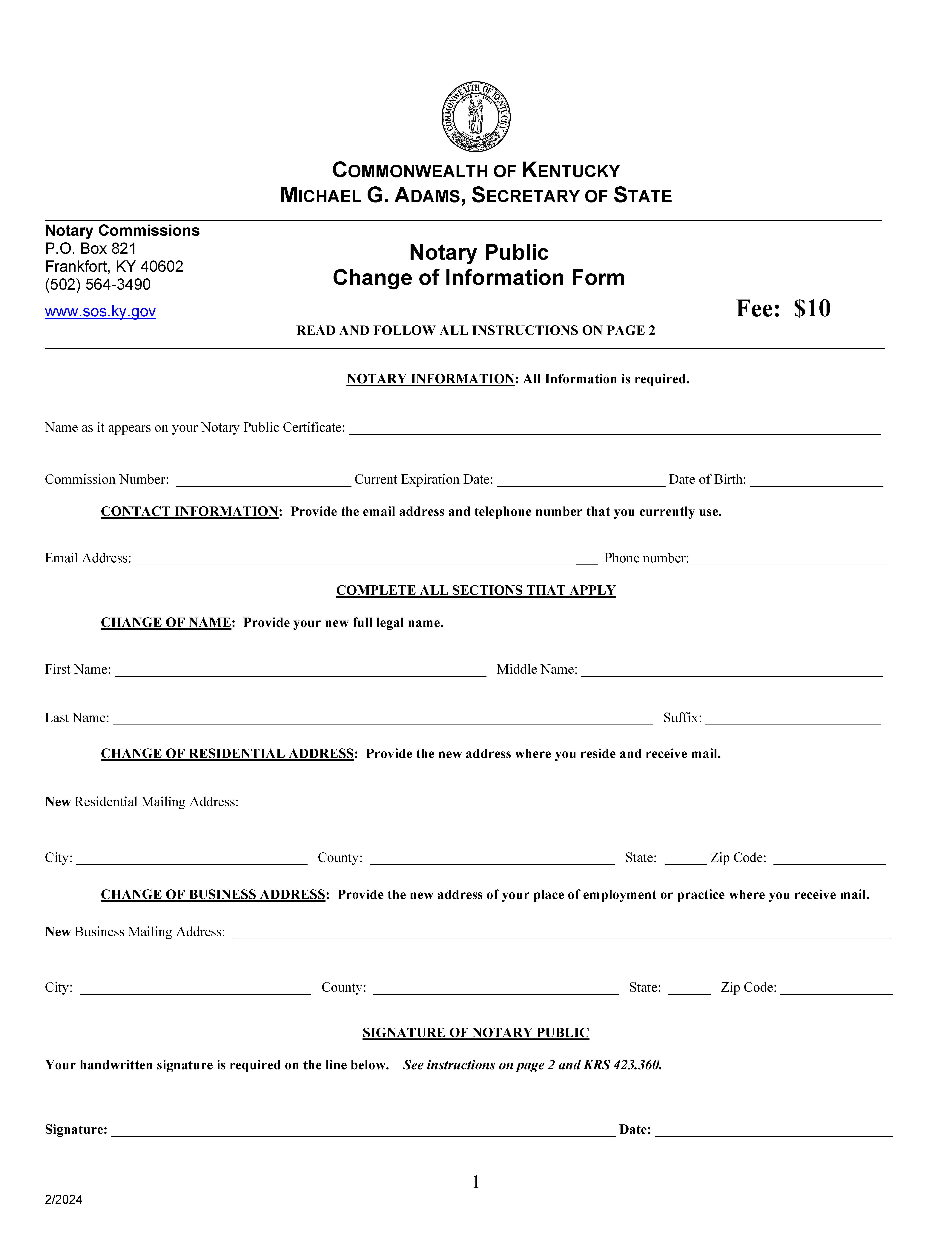 Notary Change Of Information Form | Pdf Fpdf Docx | Kentucky