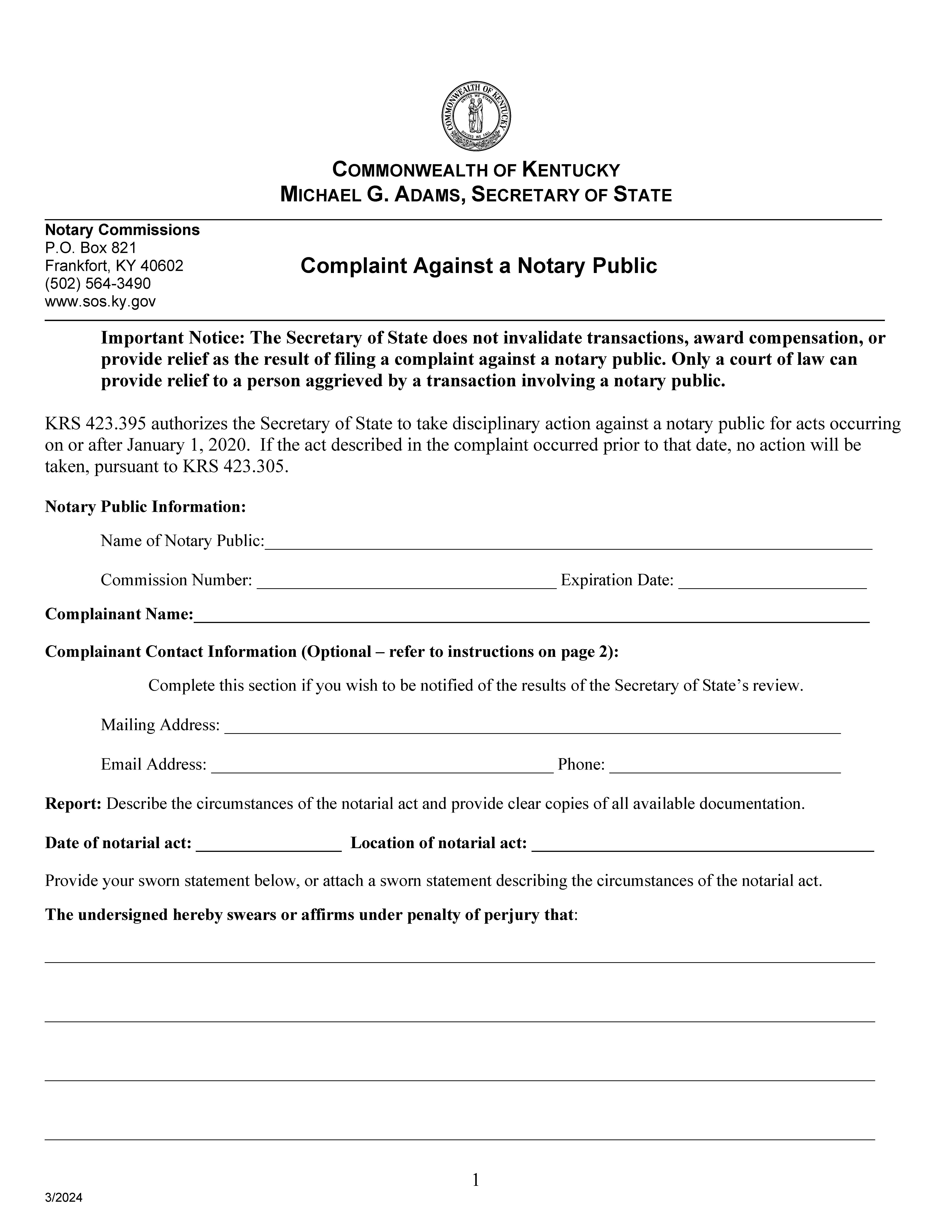 Notary Complaint Form | Pdf Fpdf Docx | Kentucky