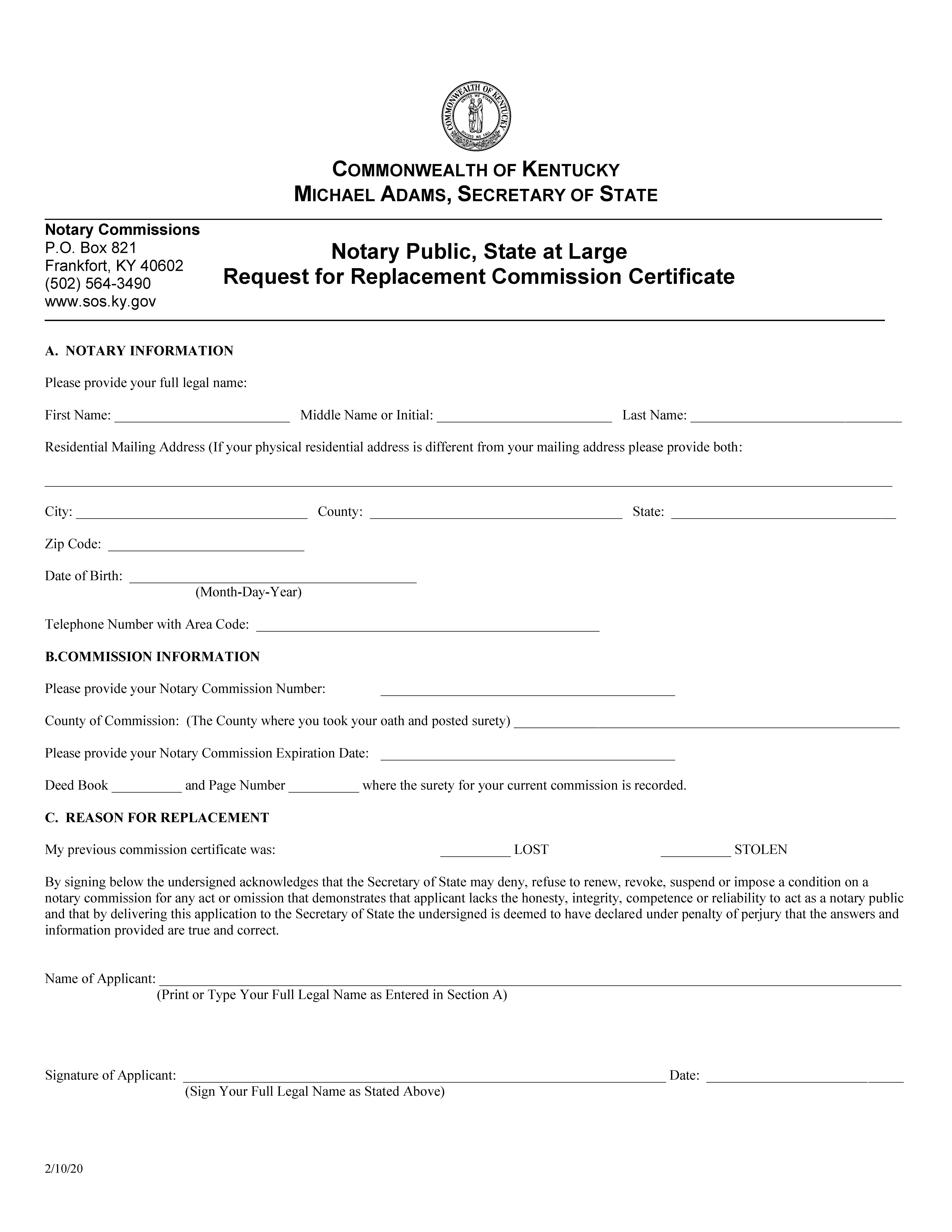 Notary Request For Replacement Commission Certificate | Pdf Fpdf Docx | Kentucky