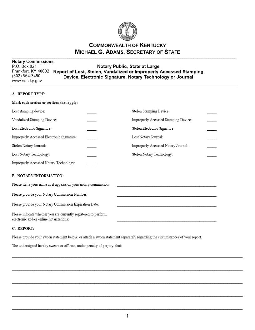 Report Of Lost Stolen Items | Pdf Fpdf Docx | Kentucky