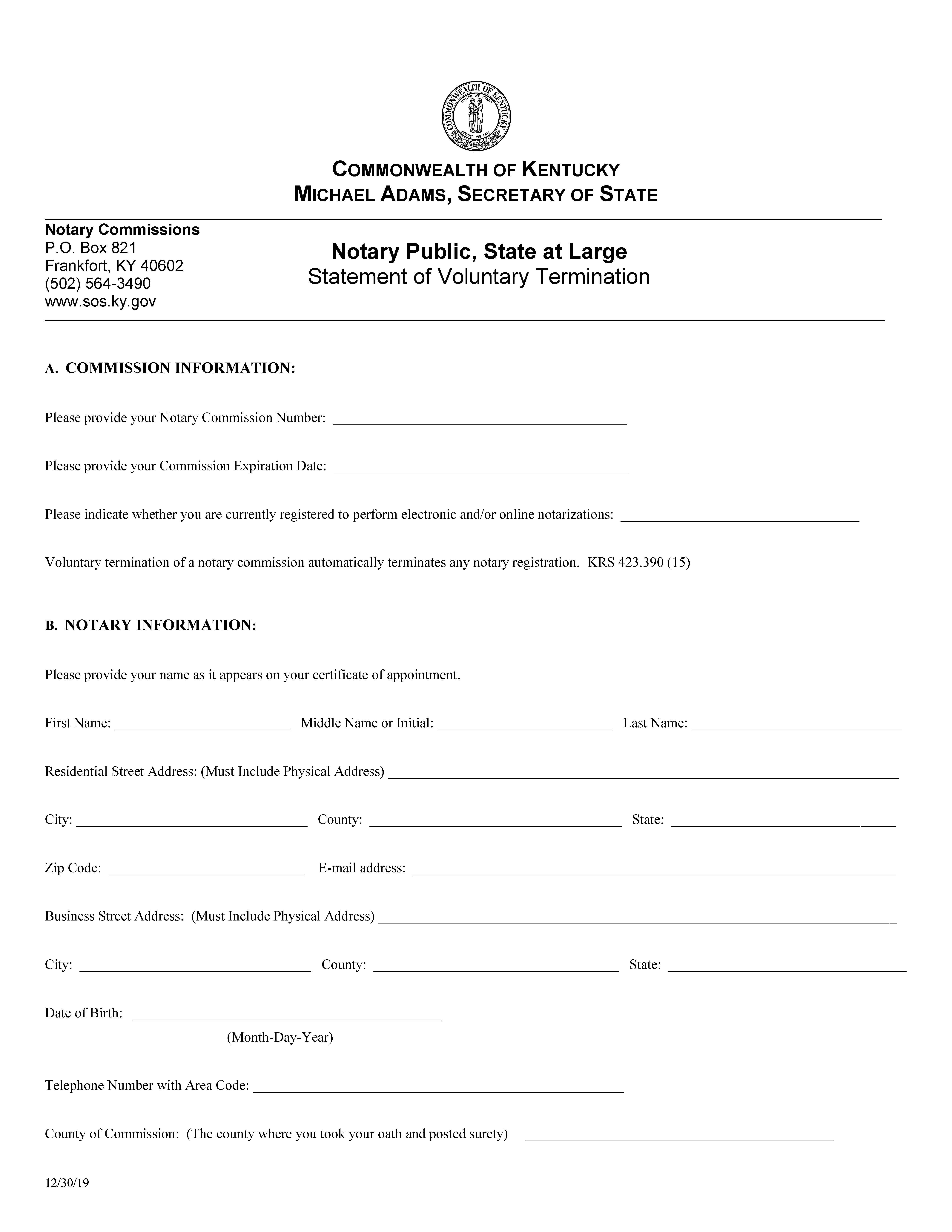 Statement Of Voluntary Termination | Pdf Fpdf Docx | Kentucky