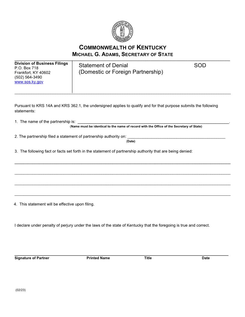 Statement Of Denial {SOD} | Pdf Fpdf Doc Docx | Kentucky