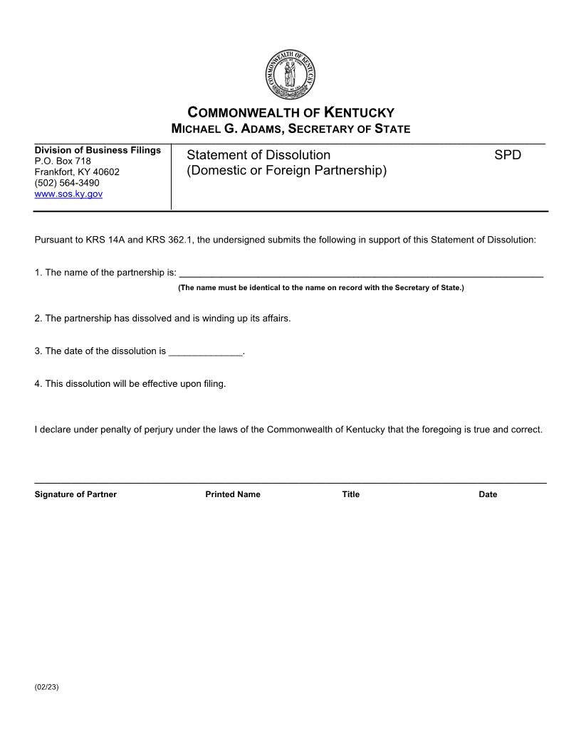 Statement Of Dissolution {SPD} | Pdf Fpdf Doc Docx | Kentucky