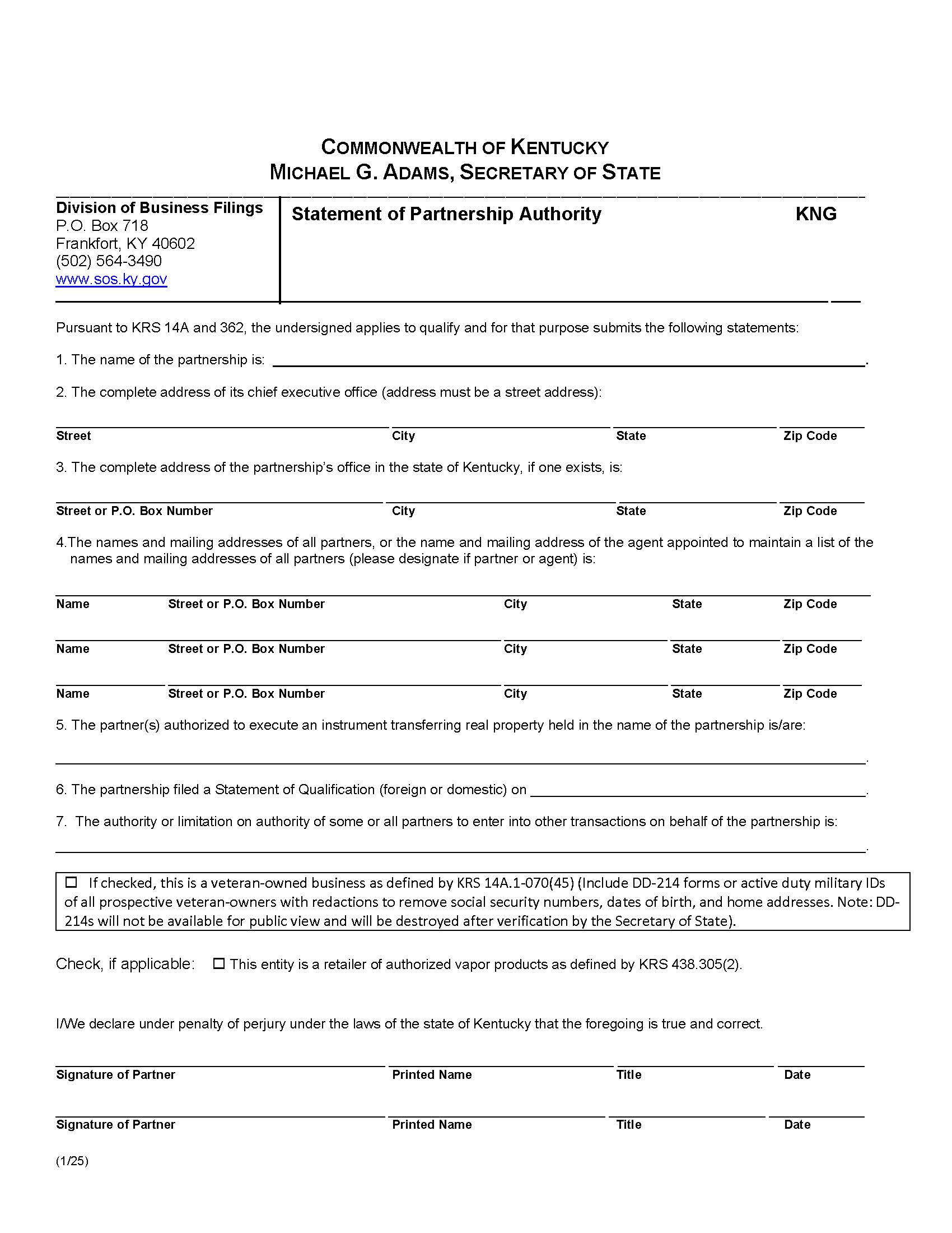 Statement Of Partnership Authority {KNG} | Pdf Fpdf Doc Docx | Kentucky
