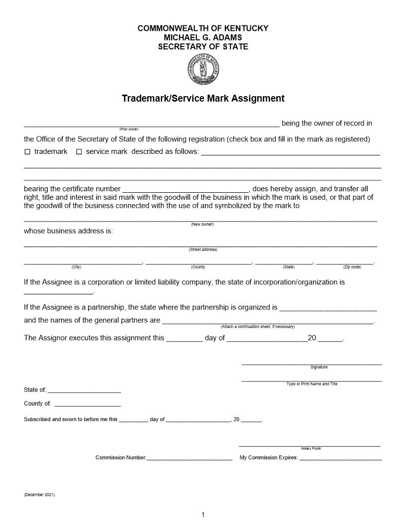 Trademark Or Service Mark Assignment | Pdf Fpdf Doc Docx | Kentucky
